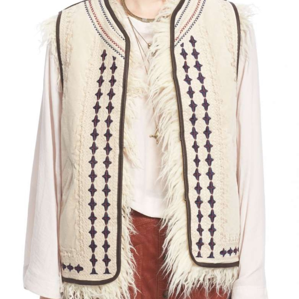 Free People Faux Fur Embroidered Reversible Vest